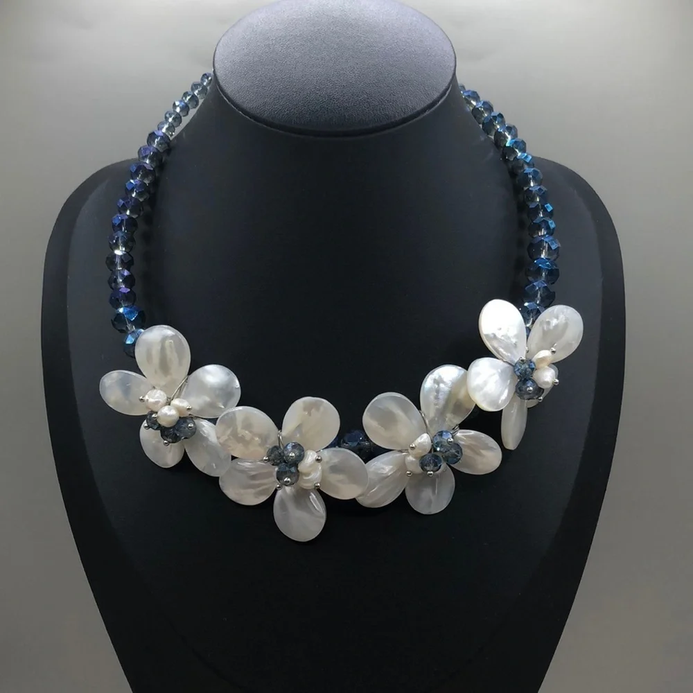Artisan memory coil wrap necklace MoP flowers and crystal beads.